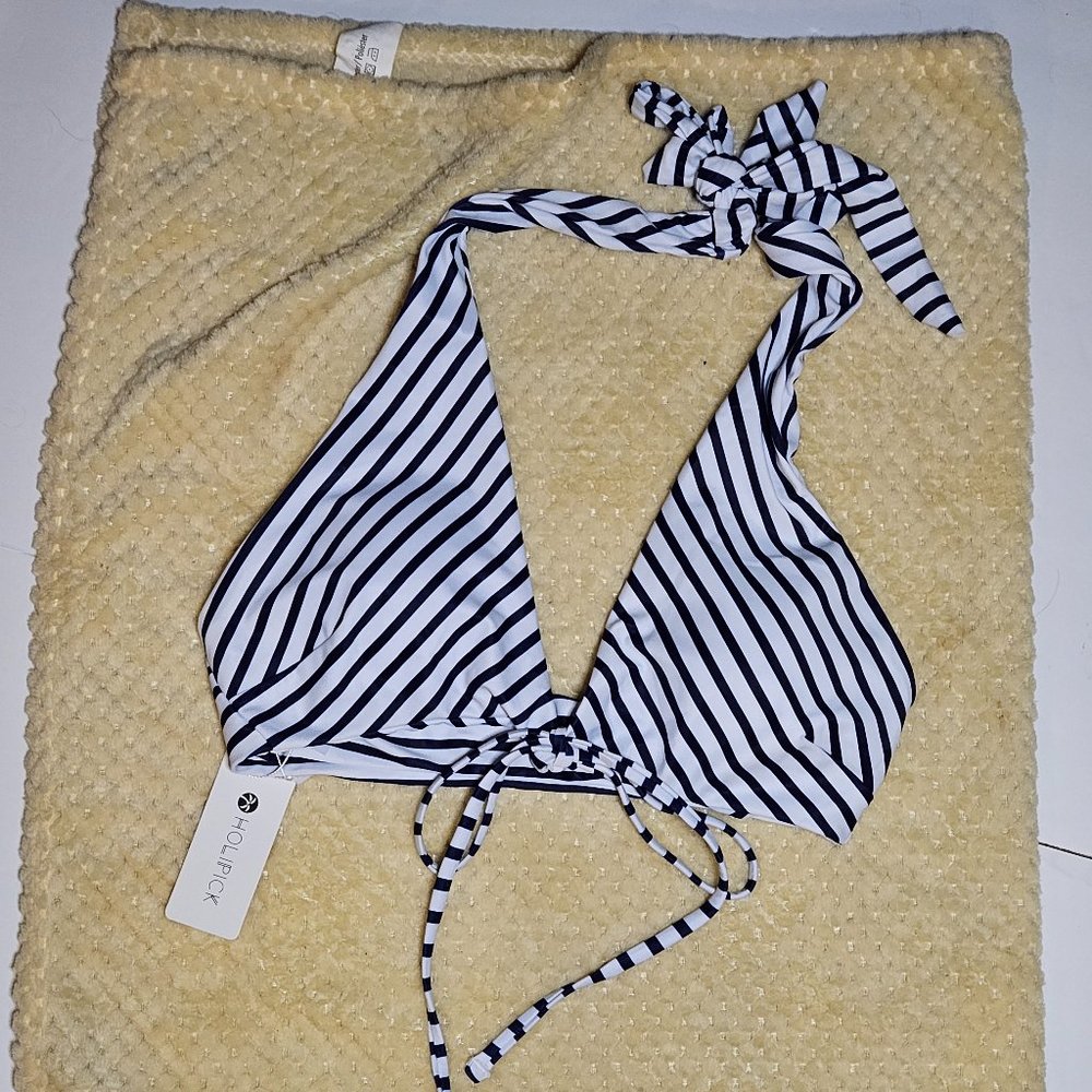 Holipick Women's Black and White Halter Front Tie Up Bikini Tops Size Medium